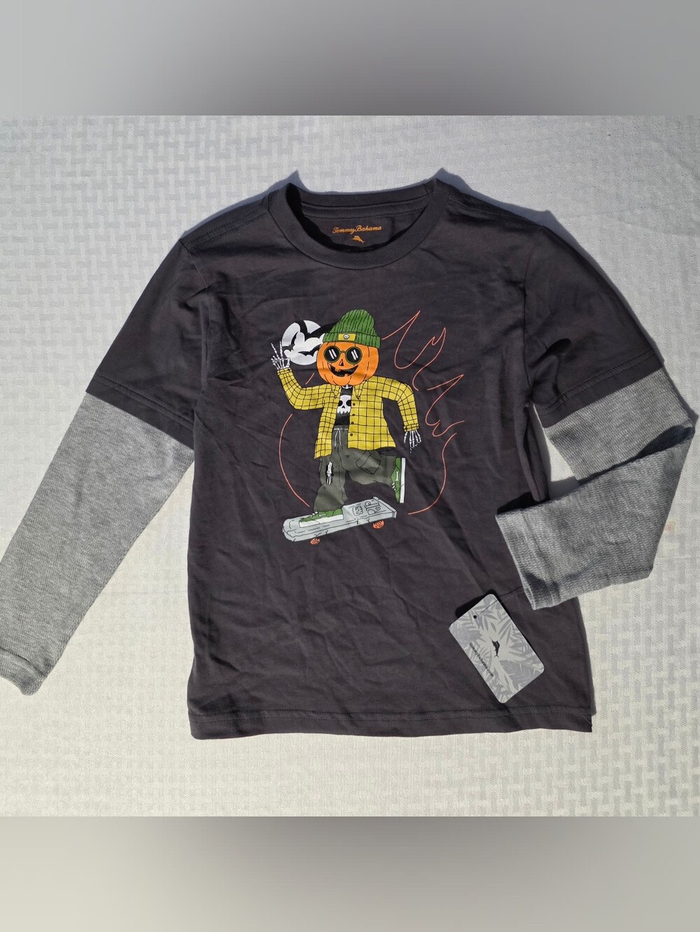 Tommy Bahama Black Tee with Gray Layered Sleeves and Pumpkin Skate Graphic